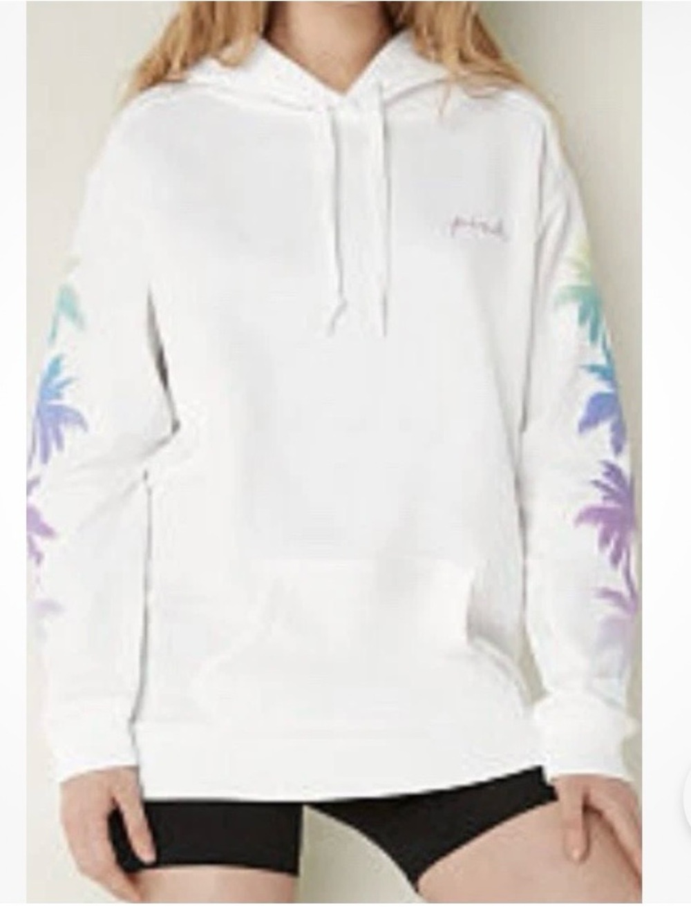 Victoria's Secret White Hoodie with Pastel Palm-Print Sleeves